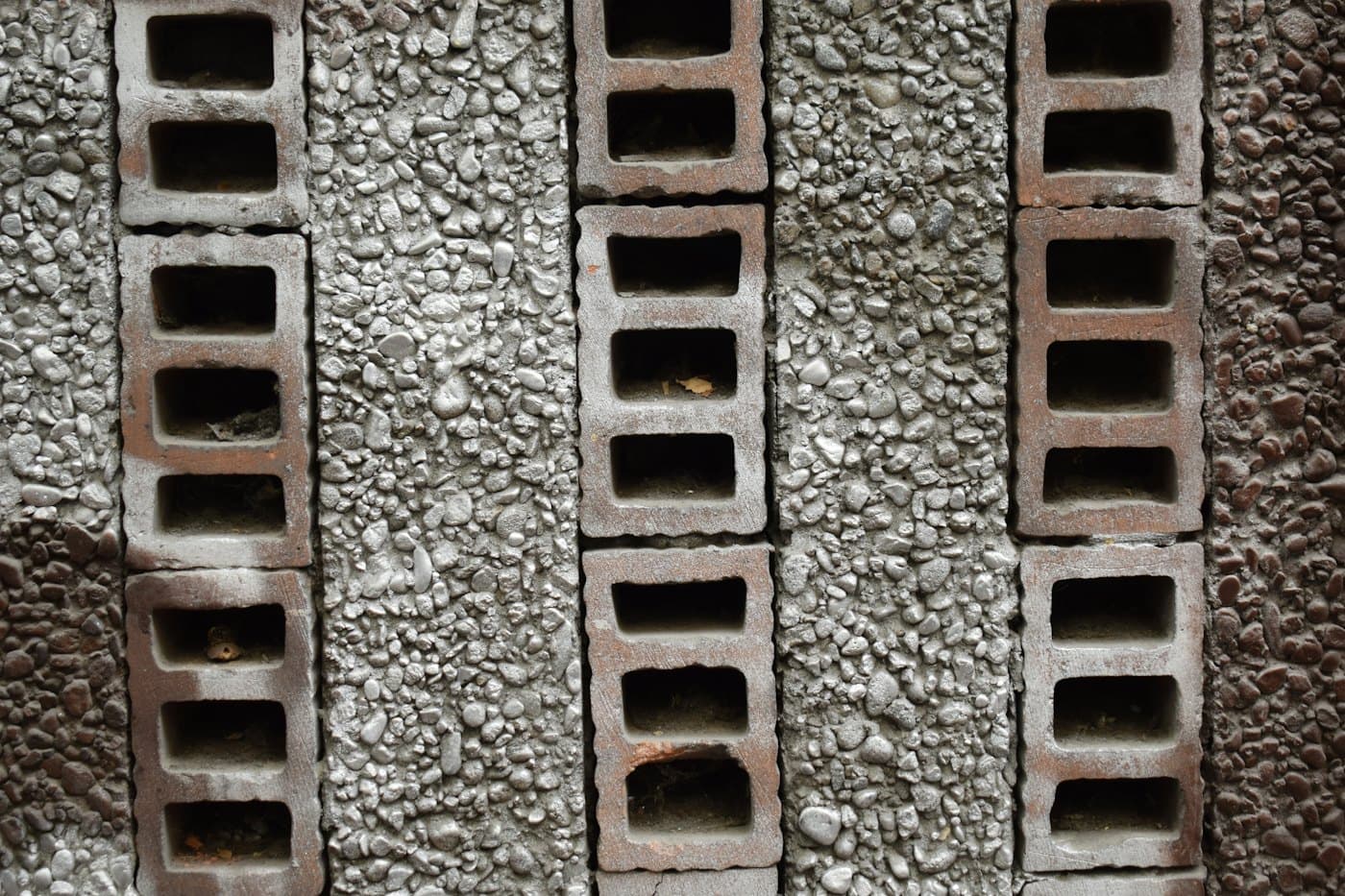 Close-up of stacked hollow concrete blocks
