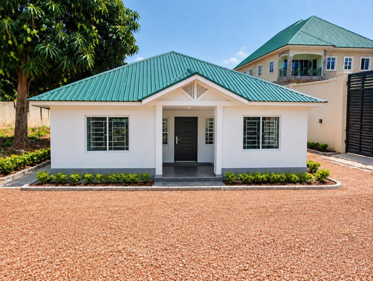 Outside: the front. A white bungalow with a green metal roof, a front porch and a gravel yard (sample image)
