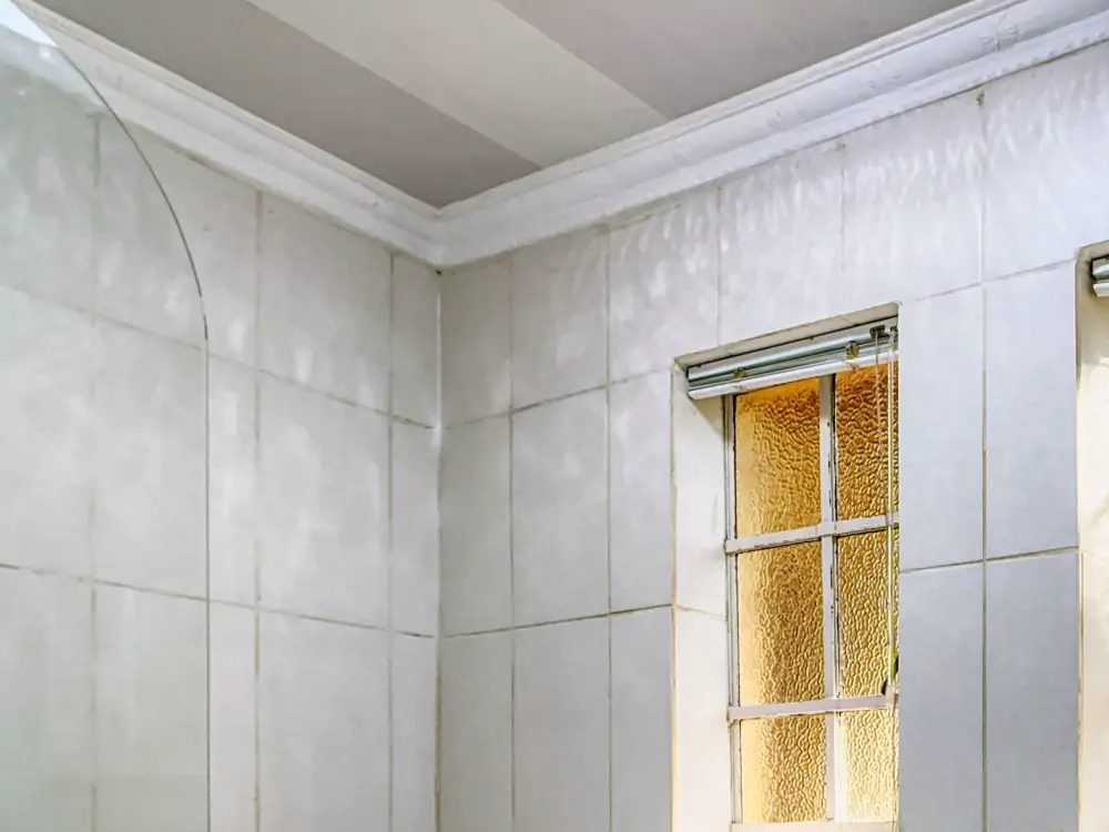 Bathroom 1: the ceiling. The cornice where the tiled wall meets the ceiling, above the windows (sample photo)