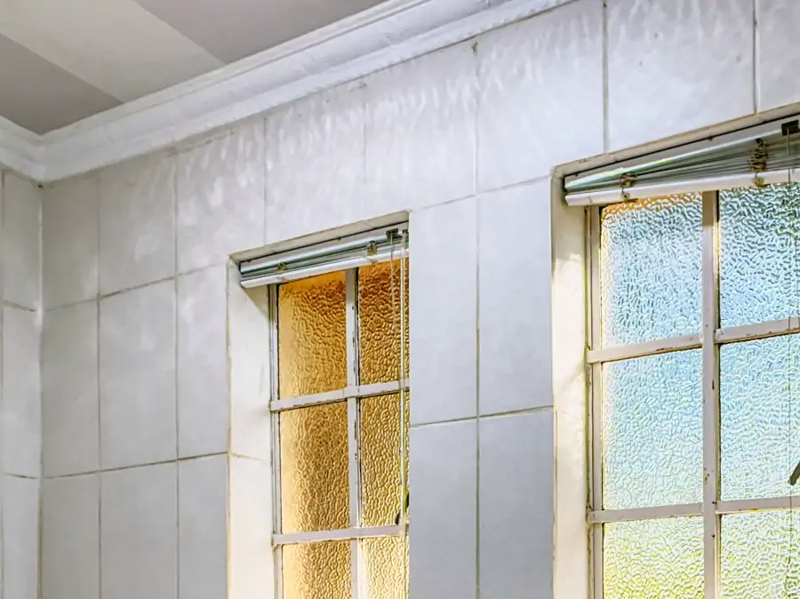 Bathroom 1: windows and doors. The two windows, one with yellow glass, in their white frames (sample photo)