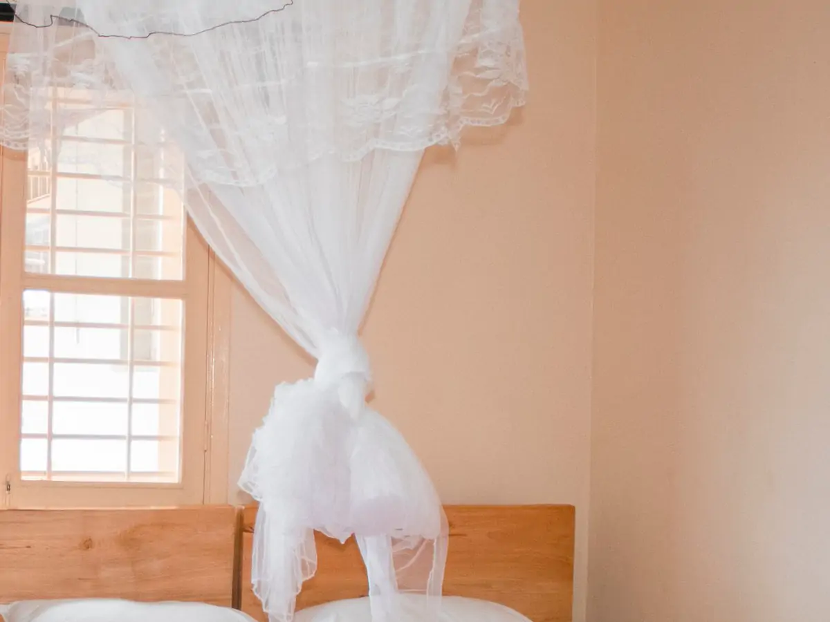 Bedroom 1: the ceiling. The top of the wall above the bed, with the window and the tied-up mosquito net (sample photo)