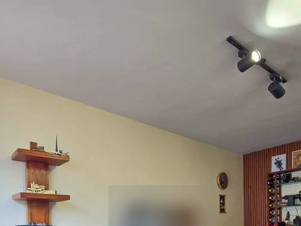 Living or dining room: the ceiling. The ceiling with its spotlight rail, and the top of the wall shelves (sample photo)