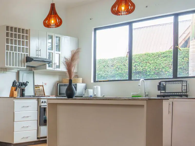 Living or dining room: windows and doors. The large window by the kitchen counter, with hanging lamps (sample photo)