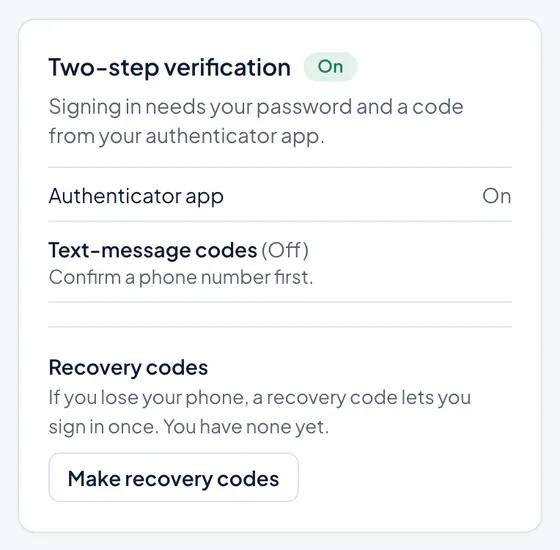 The Two-step sign-in card on the Security page, saying On, with the Make recovery codes button.