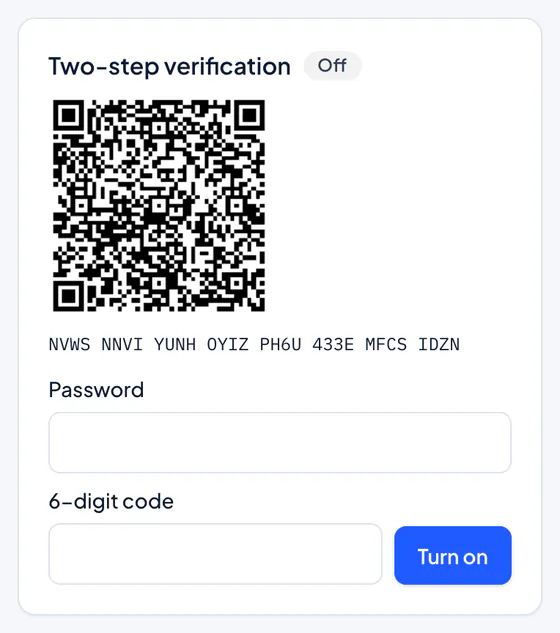 The Two-step sign-in card, with a code to scan and the boxes for your password and the 6-digit code.