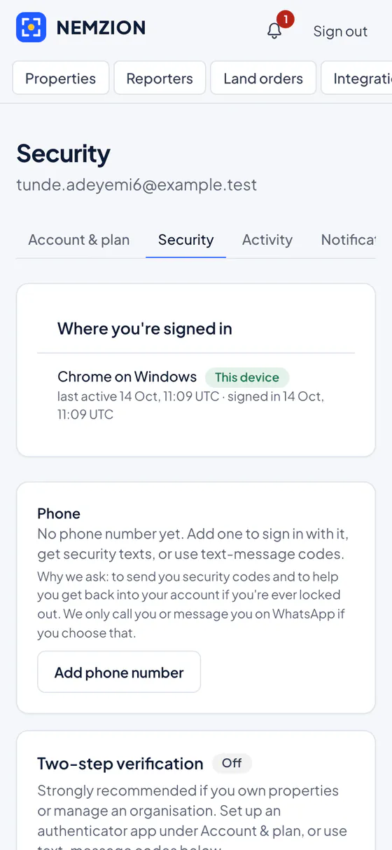 The Security page on the website: where you're signed in, your phone, and two-step sign-in.